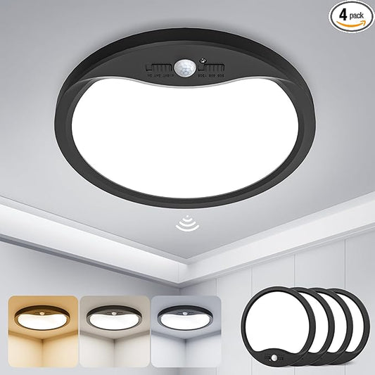 zemty 9inch 18W Motion Sensor Ceiling Light Wired, 3 Sensing Modes Motion Activated Closet Lights Black, 3000K/4000K/6500K Waterproof LED Ceiling Lamp for Pantry Closet Shower Hallway-4Pack
