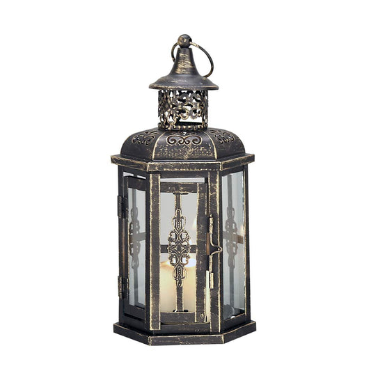 JHY DESIGN Decorative Lanterns-10inch High Vintage Style Hanging Lantern, Metal Candleholder for Indoor Outdoor, Events, Parities and Weddings(Black with Gold Brush)