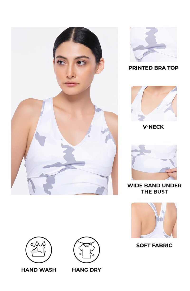 WAVRYN ACTIVE Women's Camo Sports Bra Top Medium Support Cross-Back Workout Bra for Gym, Yoga, Fitness S, Grey-White