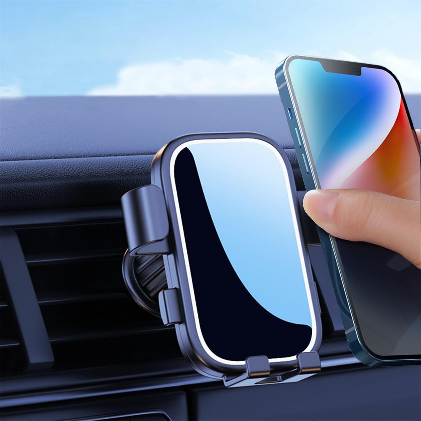 Car Cell Phone Holder with Metal Hook Clip, 360 Degree Rotating Air Vent Navigation Mount, Universal Base (Black and Silver)