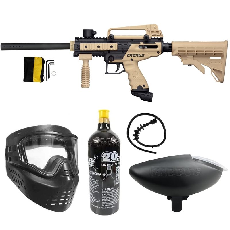 Maddog Tippmann Cronus Tactical Paintball Gun Marker and Bronze CO2 Accessory Starter Package | Comes with Marker, Anti-Fog Mask, Hopper, & 20oz CO2 Tank - Black/Tan