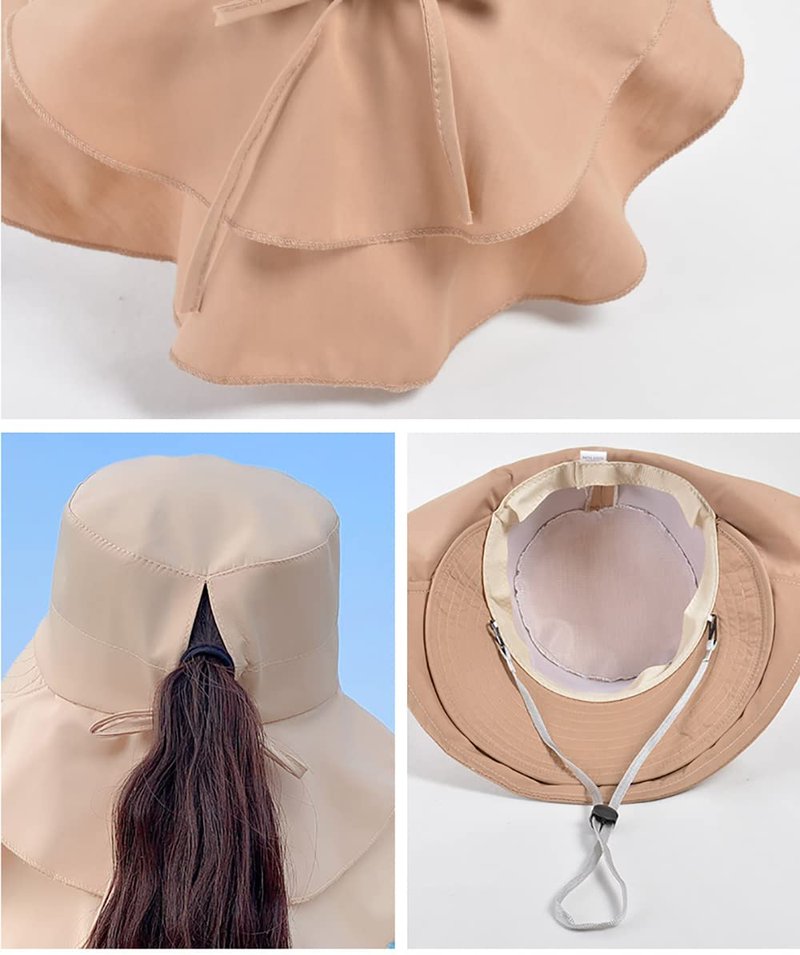 Packable Extra Large Brim Floppy Sun Hat Reversible UPF 50+ Beach Sun Bucket Hat (A-Khaki)