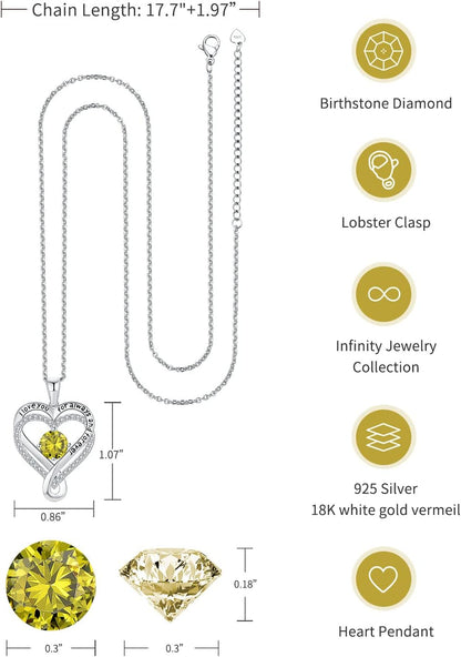 Jewelry for Women Wife Infinity Heart Birthstone I Love You Necklace S925 Anniversary Women Necklaces for Her Wife Birthday Gift Ideas, Birthday Present for Girlfriend Mom Daughter Sterling Silver