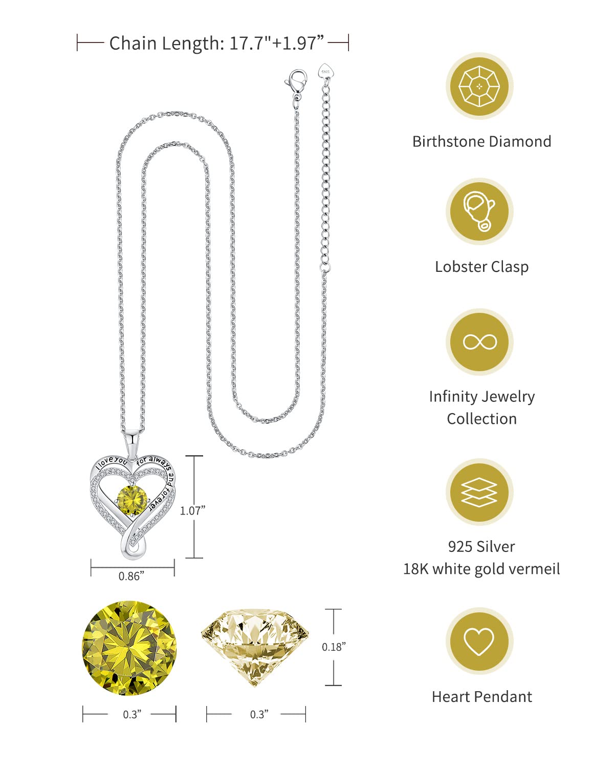 Jewelry for Women Wife Infinity Heart Birthstone I Love You Necklace S925 Anniversary Women Necklaces for Her Wife Birthday Gift Ideas, Birthday Present for Girlfriend Mom Daughter Sterling Silver