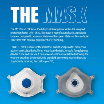 JSP M632 FFP3moulded Disposable Dustmask (Box of 10) One Size suitable for Construction, DIY, Industrial, Sanding, dust protection 99 Percent particle filtration Conforms and Complies to EN 149