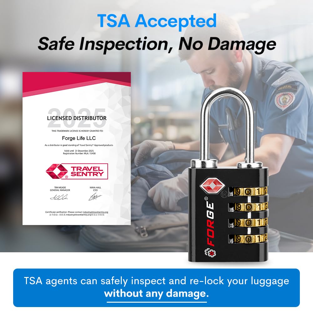 Forge Dual-Opening: Key or Combination Access Lock, TSA Approved Locks for Luggage, Pelican case, Travel, Gym, School, Stainless Steel Shackle. (Black 2 Pk)