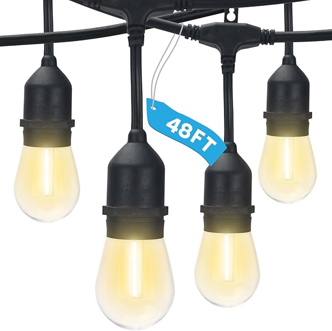 LUXRITE 48FT LED Outdoor String Lights Commercial Grade Waterproof, 24 Edison S14 Shatterproof Bulbs, Hanging Lights for Patio, IP65, Decorative Outside Lights for Backyard Garden Cafe Balcony