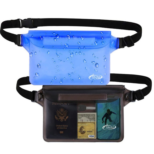 AiRunTech Waterproof Pouch with Waist Strap (2 Pack) | Beach Accessories Best Way to Keep Your Phone and Valuables Safe and Dry | Perfect for Boating Swimming Snorkeling Kayaking Beach Pool(Grey+Blue)