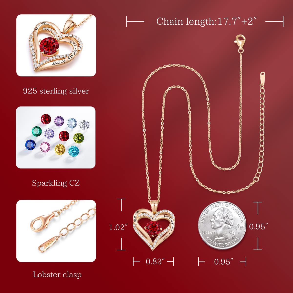 CDE Valentine's Day Gift Forever Love Heart Necklaces for Women, Wedding Anniversary, Birthday Mothers Christmas Day Gifts for Mom, Mother, Wife, S925 Silver Jewelry with Birthstone Pendant