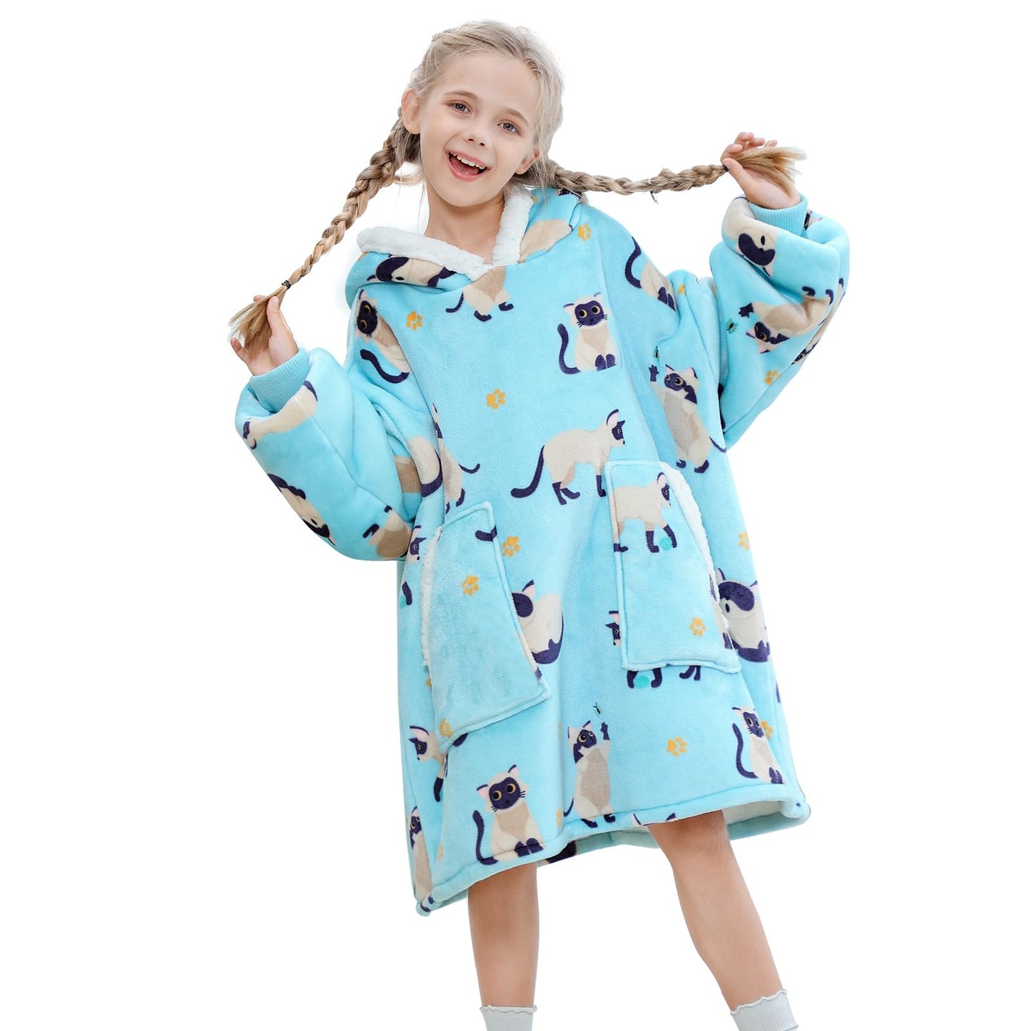 Kipswiza Siamese Cat Wearable Blanket Hoodie for Kids - Oversized Sherpa Fleece Hooded Sweatshirt, Cozy Gift for Girls Boys 6-13 (4'3"-4'11"), Cat Print, Light Blue
