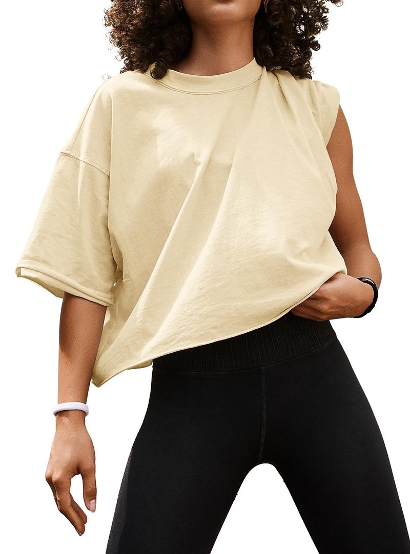 Trendy Solid Short Sleeve Long Crop Tops for Women Loose Ribbed Summer Womens Tops Casual Flowy Stretch Cotton Tees Athletic Running Yoga Sport Workout Tshirts Shirts for Teen Girls Light Yellow S