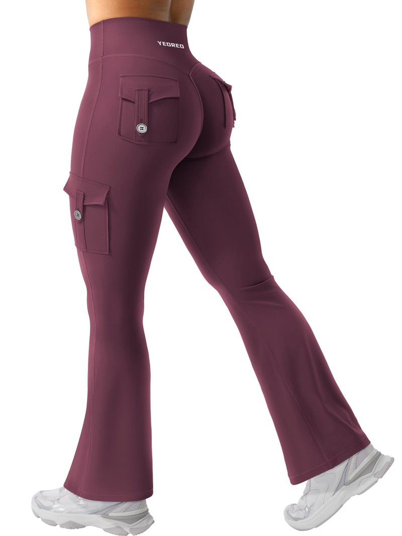 YEOREO CoreFlex Women Workout Flare Leggings with Pockets Scrunch Cargo Gym Yoga Leggings Black Cherry XS