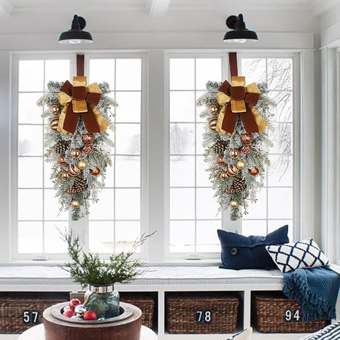30" Christmas Teardrop Swag for Front Door Artificial Winter Swag Garland with Pine Cones, Berry Clusters, Bronze Ball Ornaments and Ribbons for Thanksgiving Holiday Christmas Decoration