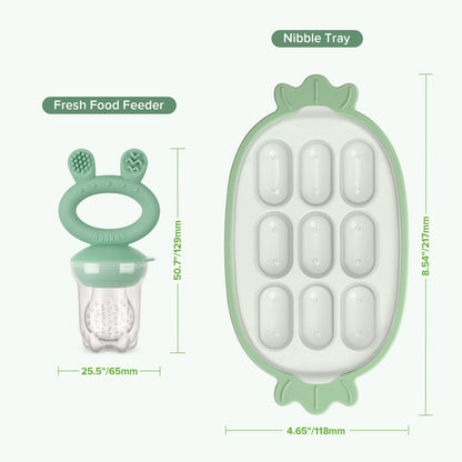Haakaa Baby Fruit Food Feeder & Silicone Freezer Nibble Tray Combo - Breastmilk Popsicle Mold for Baby Cooling Relief, BPA Free Baby Mesh Food Feeder for Infant Self Feeding - Pea Green