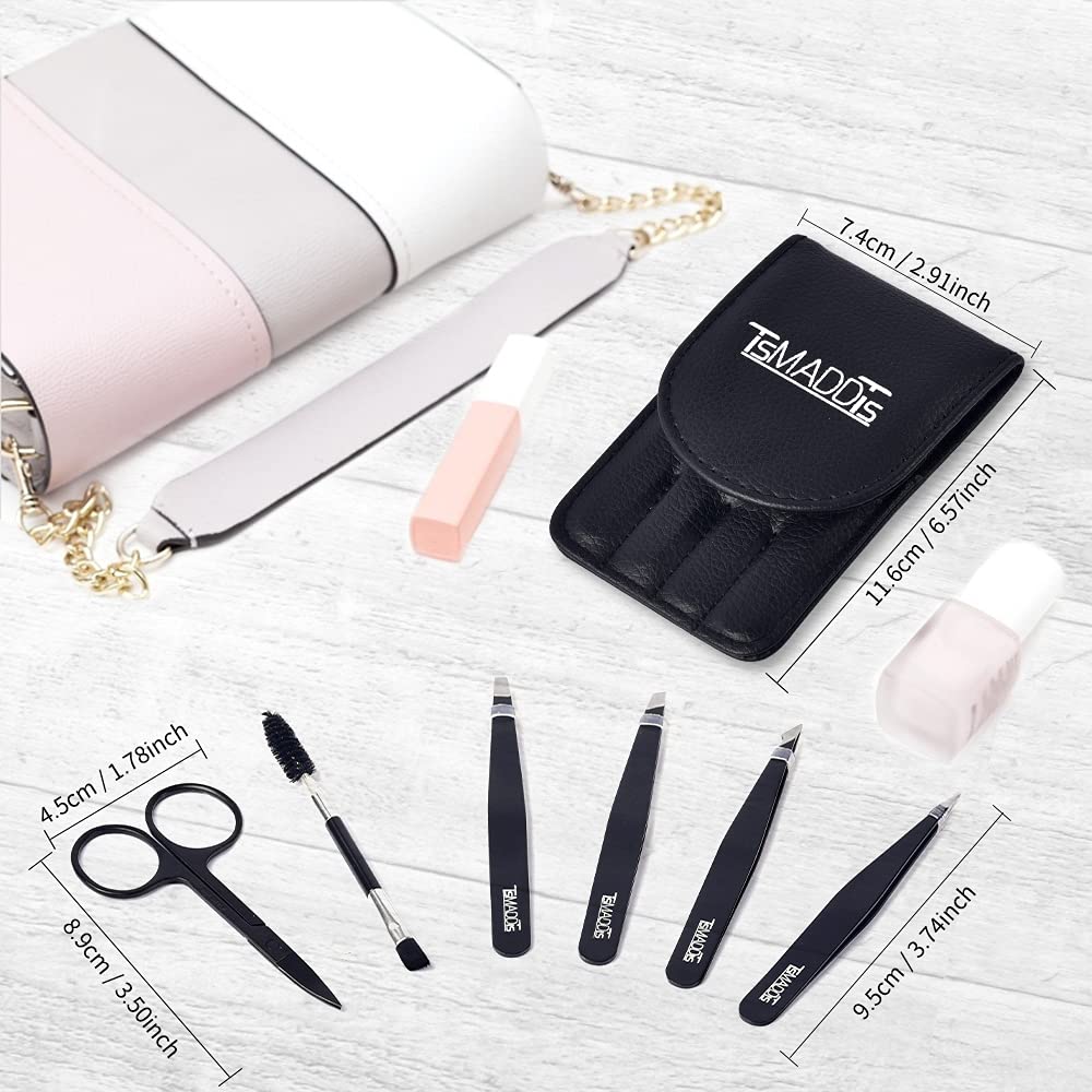 TsMADDTs 6 PCS Tweezers Set for Women, Eyebrow Tweezers with Curved Scissor for Ingrown Hair, Hair Plucking Daily Beauty Tools with Leather Travel Case