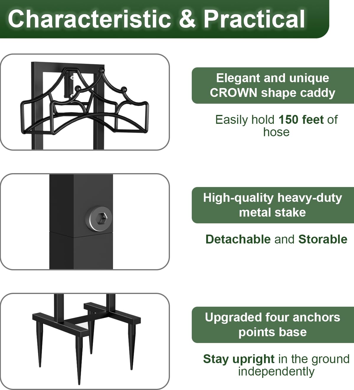 Garbuildman Garden Hose Holder With 4 Spikes, Freestanding Metal Hose Reel for Outside Garden, Detachable Water Hose Hanger Organizer for Yard Lawn, Shiny Black