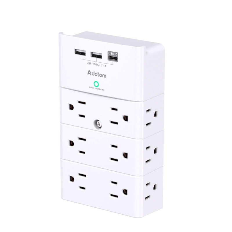 Addtam Outlet Extender with 12 AC Outlets and 3 USB Ports (1 USB-C), White