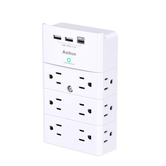 Addtam Outlet Extender with 12 AC Outlets and 3 USB Ports (1 USB-C), White