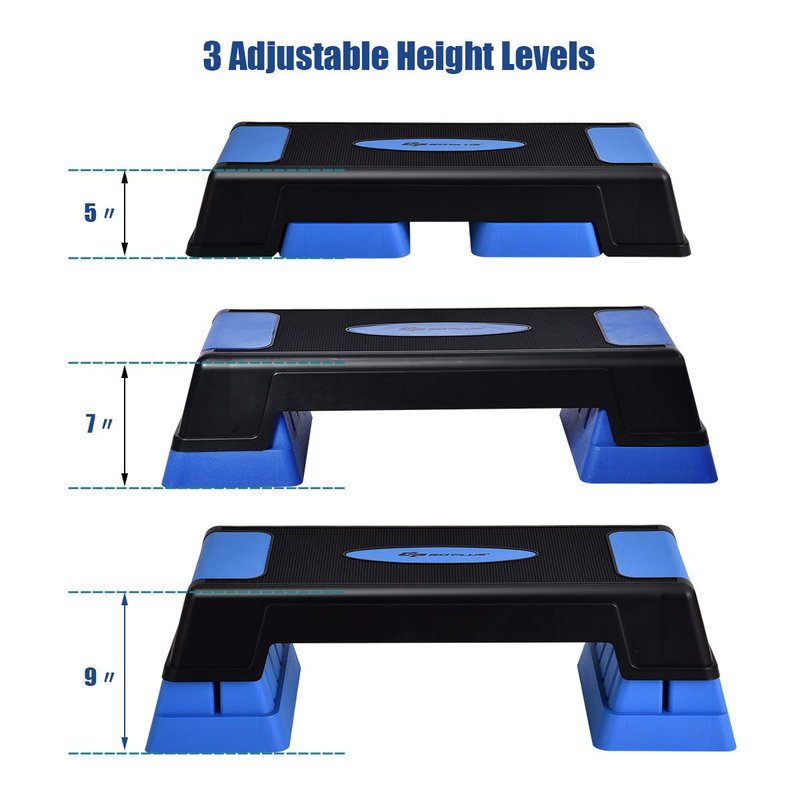 Goplus 30'' Aerobic Stepper with Risers, 5” 7” 9” Levels Height Adjustable, Workout Fitness Exercise Step Platform Trainer with Non-Slip Foot Pads, for Home/Gym (Blue)