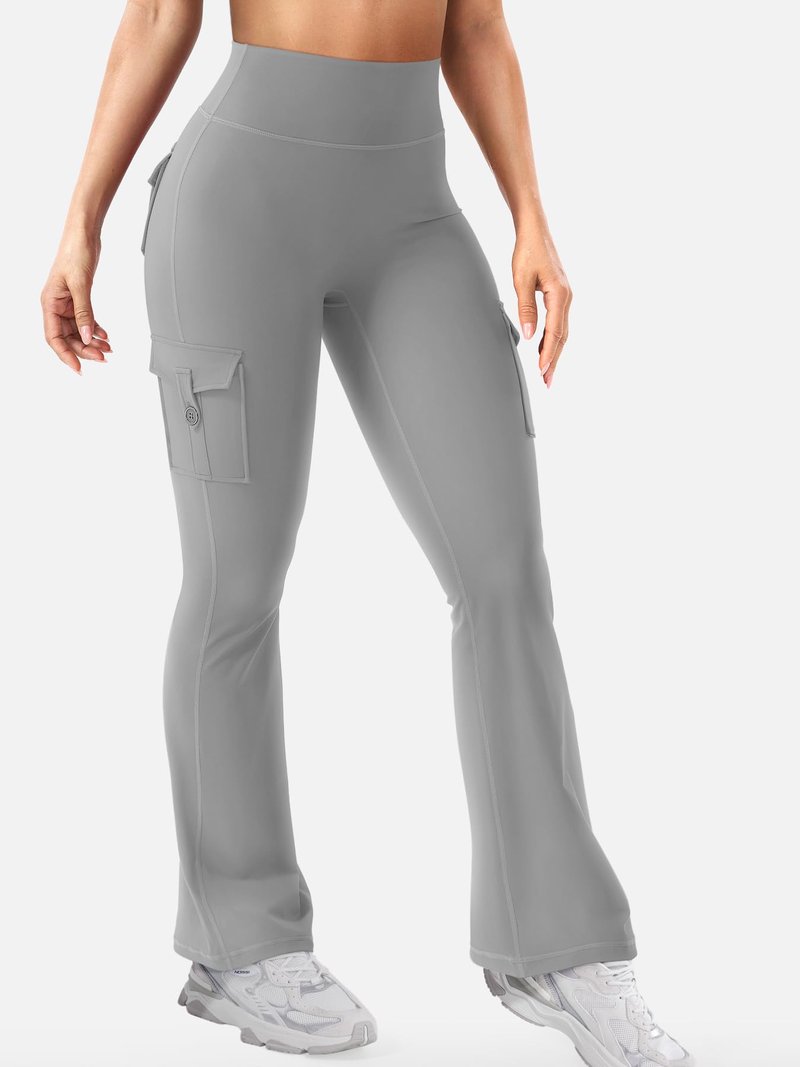 YEOREO CoreFlex Women Workout Flare Leggings with Pockets Scrunch Cargo Gym Yoga Leggings Light Gray XS