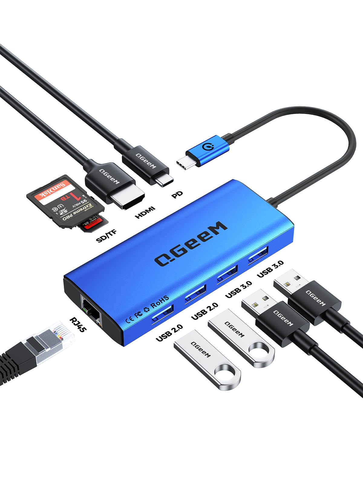 QGeeM USB C Hub Ethernet,9 in 1 USB Type C Hub HDMI Multi-Port Converter Adapter,100W Pd, USB 3.0,SD/TF Card Reader,Compatible for MacBook Pro Air Ipad HP Dell Lenovo Chromebook etc.