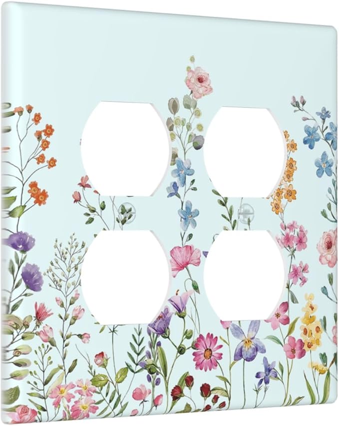 Decorative Light Switch Cover Plate Rustic Wild Floral Vintage Blue Watercolor Flower 2 Gang Socket Covers Double Duplex Wallplates Switch Plates and Outlet Covers for Bathroom Home Decor