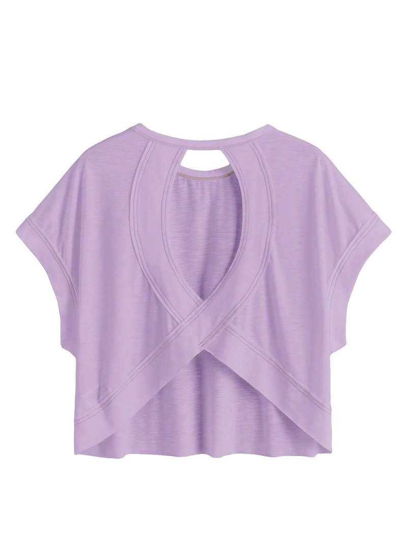 WDIRARA Women's Back Keyhole Workout Yoga Tops Loose Fit Short Sleeve T Shirt Lilac Purple L