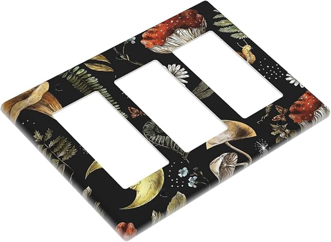 Nature Plant Botanical Daisy Mushroom Snails And Moon Triple Rocker/Decora Wall Plate 3 Gang Light Switch Outlet Cover Plate Decorative Switchplate Electrical GFCI Faceplate for Bedroom Decor