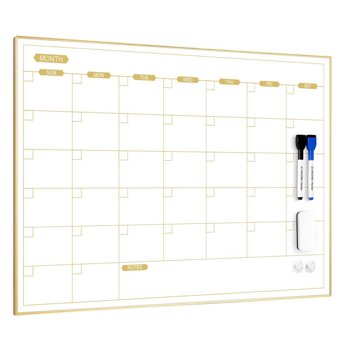 ARCOBIS Monthly Calendar Whiteboard for Wall, 24" x 18" Magnetic Dry Erase Calendar with Gold Frame, Wall Hanging Planner for Home, Office, School