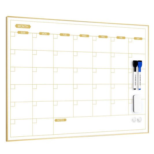 ARCOBIS Monthly Calendar Whiteboard for Wall, 24" x 18" Magnetic Dry Erase Calendar with Gold Frame, Wall Hanging Planner for Home, Office, School