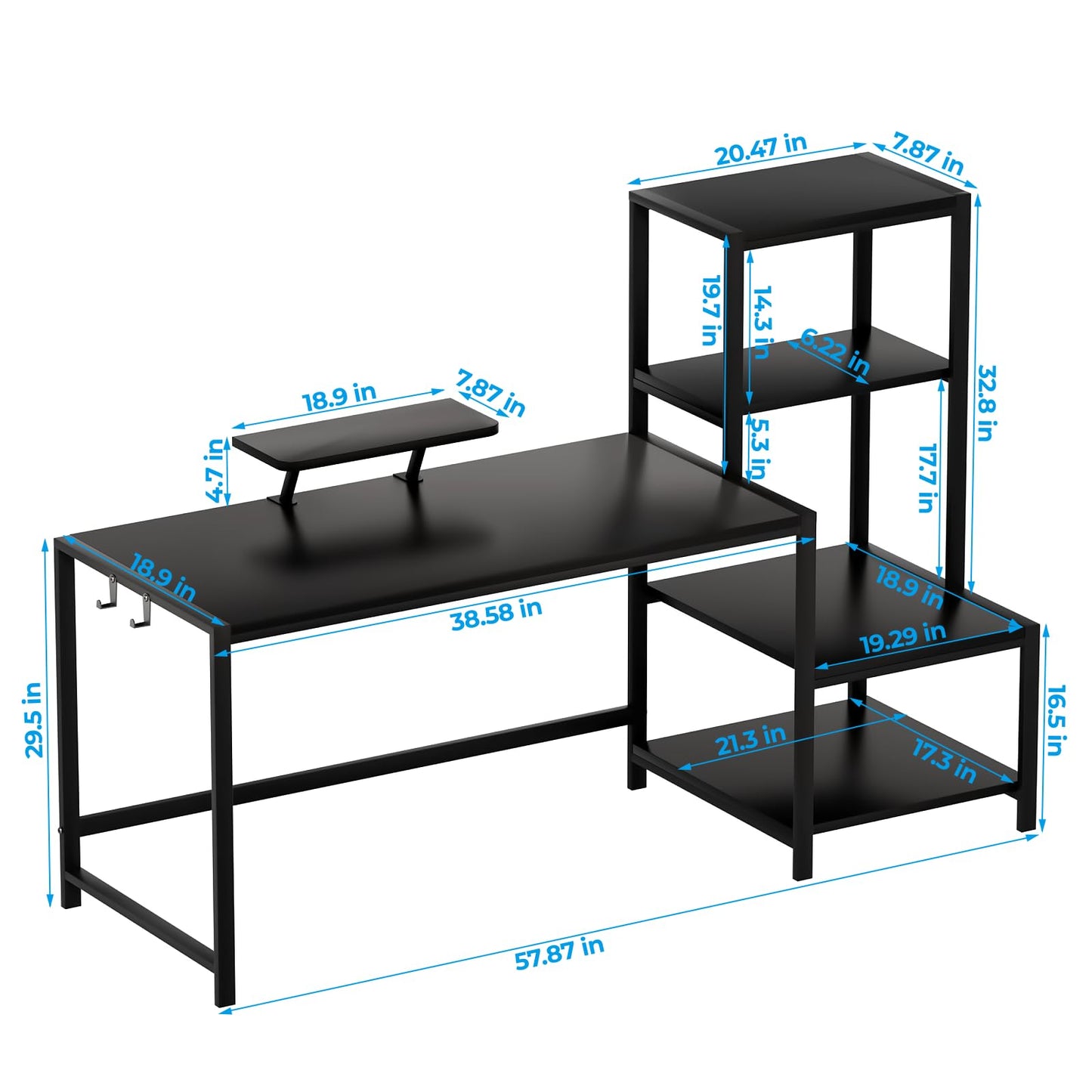 GreenForest Computer Desk 58 inch with Printer Shelf, Reversible Office Desk with Monitor Stand and 2 Hooks, Home Workstation for Study Writing Working Gaming, Black