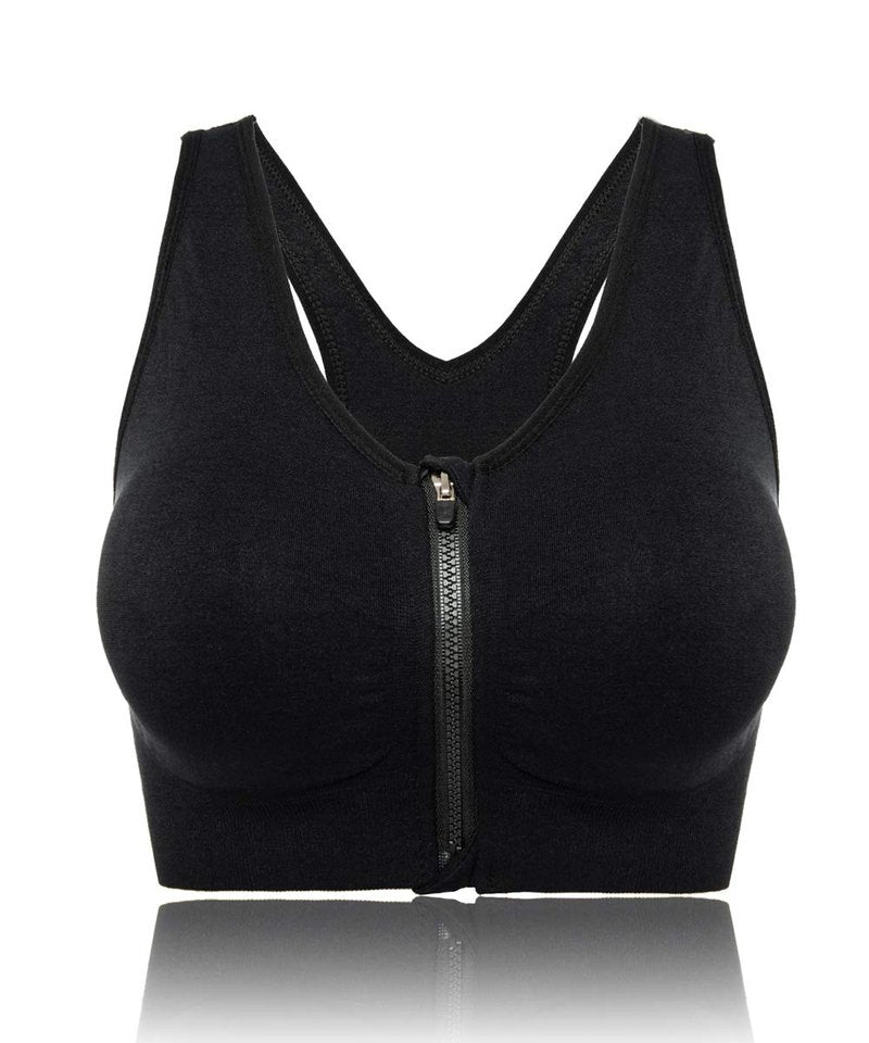 Women's Wireless Post-Surgery Zip Front Sports Bra | Medium Support Yoga Activewear Bra for Workout Recovery