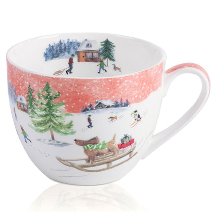MFoffice Christmas Sled Dog Mug - 20 oz Bone China Coffee Tea Hug Mug with Pink Winter Sky & Snow Trees, Holiday and Christmas Gift for Friends & Family - Designed in England by Harvest Green Studio