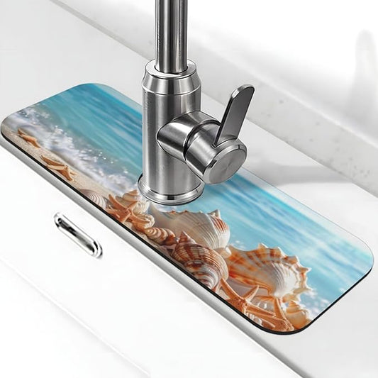 Faucet Draining Mat For Kitchen Sink, Beach Seashells Starfish Diatom Mud