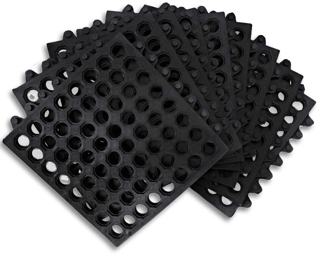 Interlocking Rubber Mats for Floor Anti Fatigue Kitchen Mats 9 Pack 11.8" x 11.8" Modular Rubber Interlocking Floor Tiles, Pool Balcony Patio Yard Pet Area Use Restaurant Rubber Bar Floor Mat Black