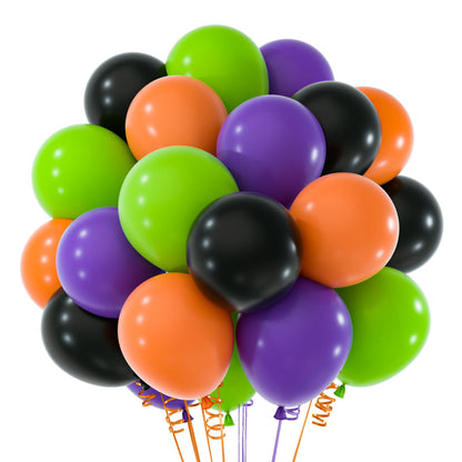 NEBURORA 60pcs Halloween Party Balloons Kit 12inch Orange Black Green Purple Balloons with Ribbons for Halloween Theme Party Background Classroom Indoor and Outdoor Party Decorations
