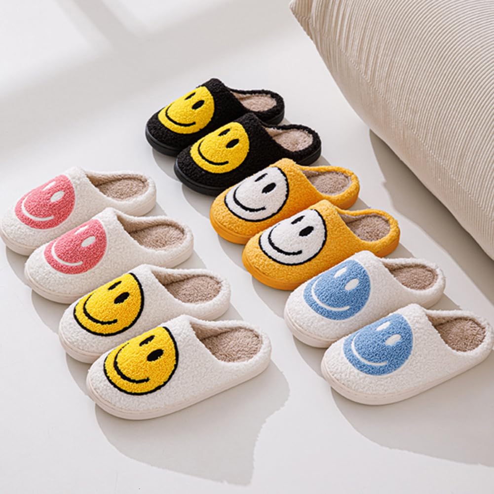 AIMINUO Women's Men's Retro Preppy Happy Face Slippers Comfy Warm Plush Slip-On House Slipper for Winter Indoor Soft Cushion Non-slip Fluffy Slides Slippers Purple 7.5-8.5 Women/7-8 Men