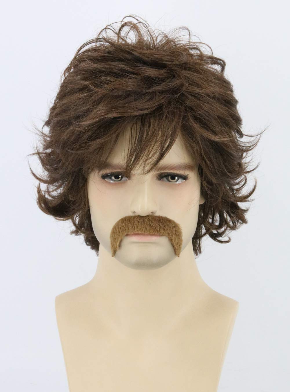 LeMarnia 70s Mens Wigs Brown Short Wavy Shaggy Wig Cosplay Halloween Costume Wigs+Wig Cap and Beard