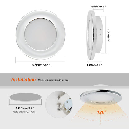 Dream lighting 12V RV Interior LED Puck Lights Recessed Kitchen Ceiling Cabinet Cool White Lighting 2.8inch, Chrome Shell, Pack of 10