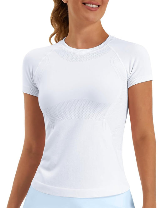 Stelle Women Workout Tops Short Sleeve Seamless Athletic Shirts Yoga Gym Sports Breathable Tees(White,S)