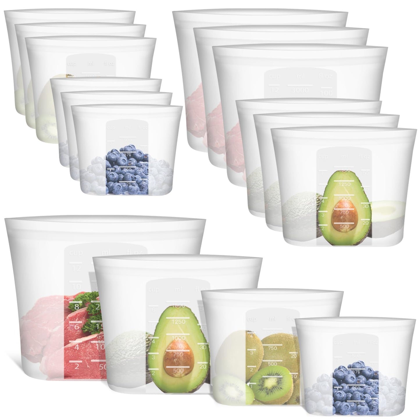 Reusable Food Bags, 12 Pack 100% Silicone Food Storage Bags Stand Up Zip Lock Container, Freezer Microwave Oven Dishwasher Safe, 4 Medium 4 Small 4 Extra Small, Aqua