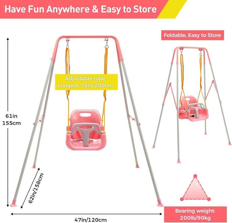FUNLIO Toddler Swing with Foldable Metal Stand for Toddlers Aged 1~10 Years, 3-in-1 Baby Swing Set with 4 Sandbags for Backyard/Indoor/Outdoor Play, Easy to Assemble & Store, Pink