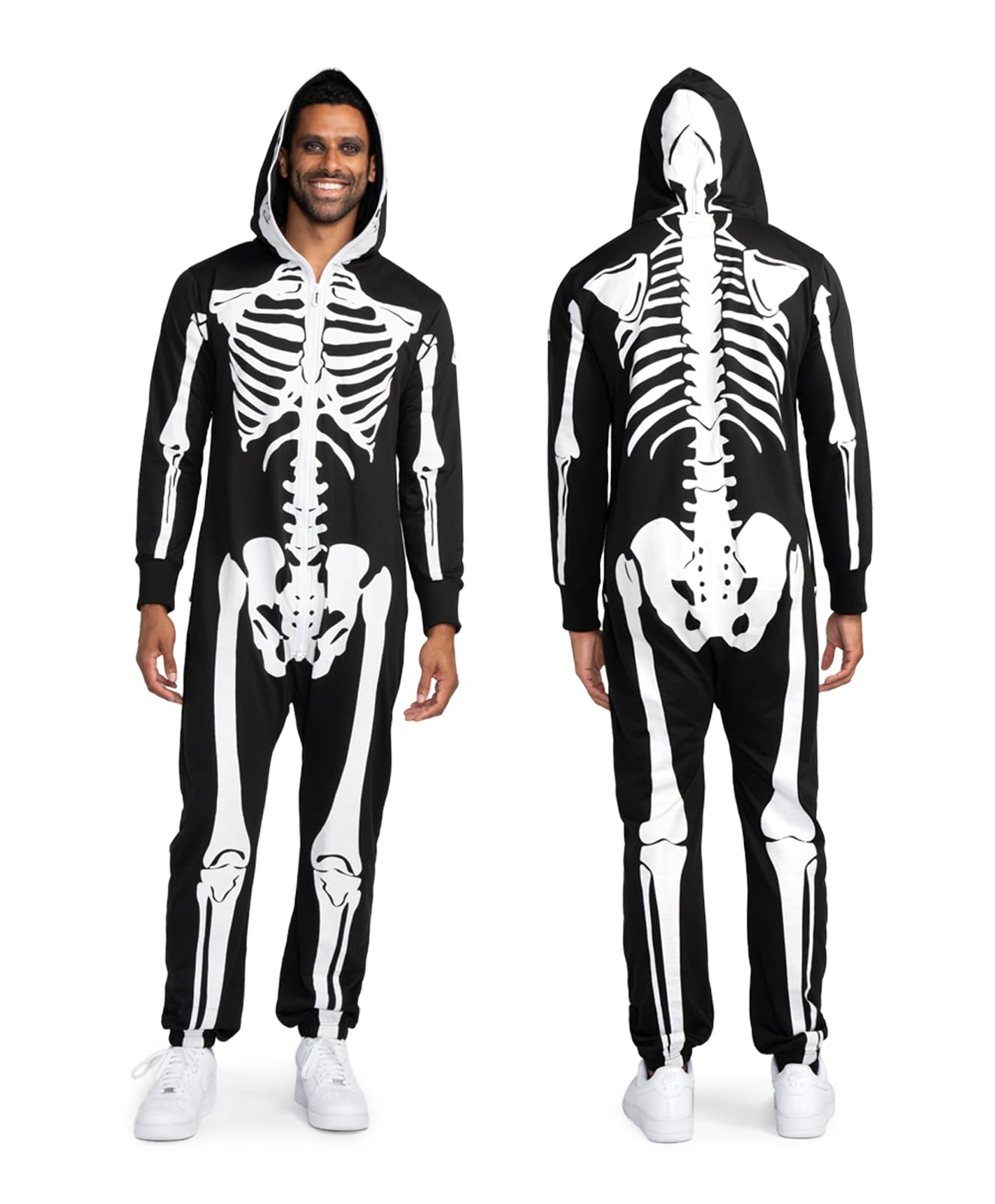 Tipsy Elves Halloween Skeleton Costume for Men - Comfy Adult Skeleton Jumpsuit with Hood - Men's White Bones Jumpsuit Halloween Costume with Full Zip Hood Size Large