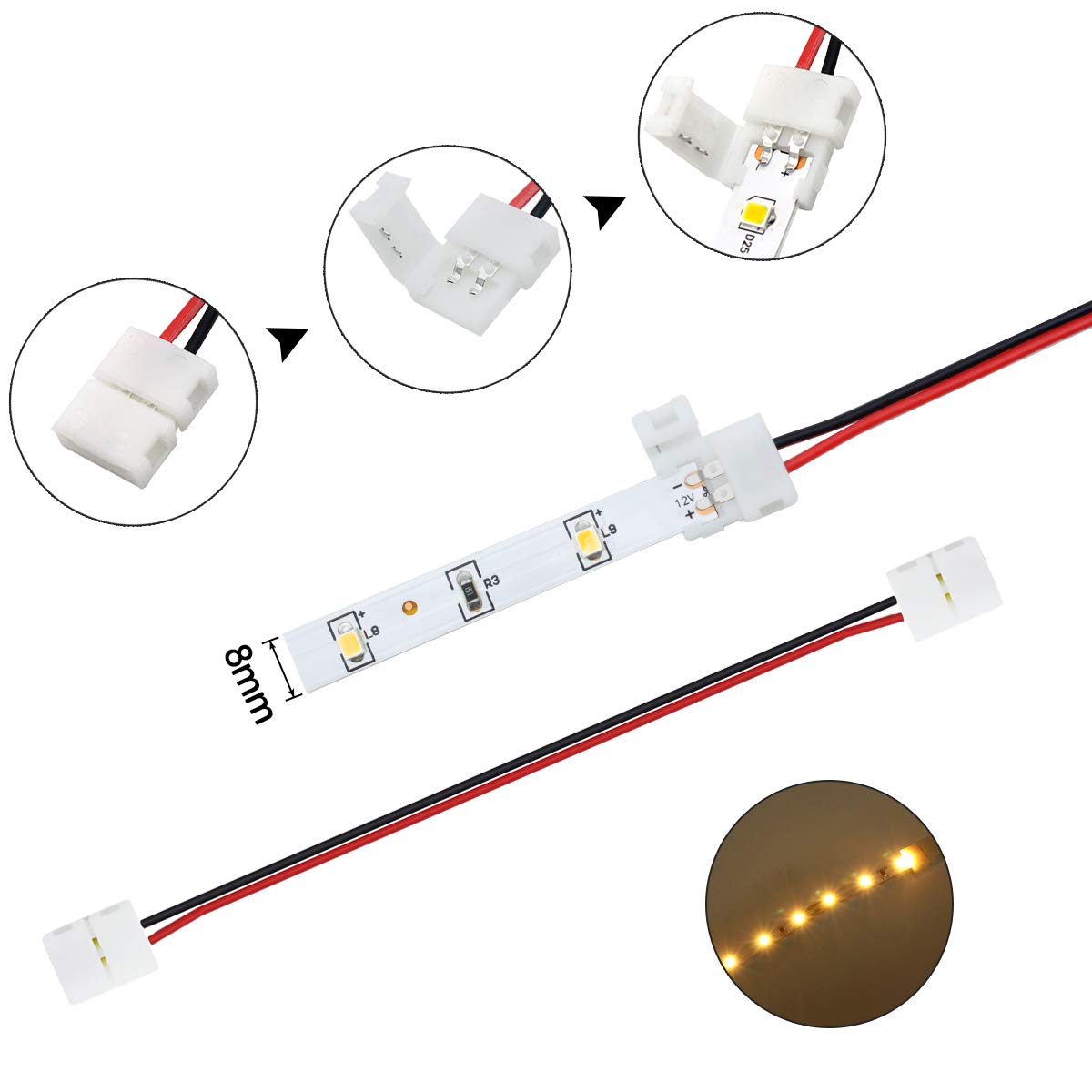 LightingWill 10pcs/Pack Strip to Strip with Wire Solderless Snap Down 2Pin Conductor LED Strip Connector for 8mm Wide 3528 2835 Single Color Flex LED Strips