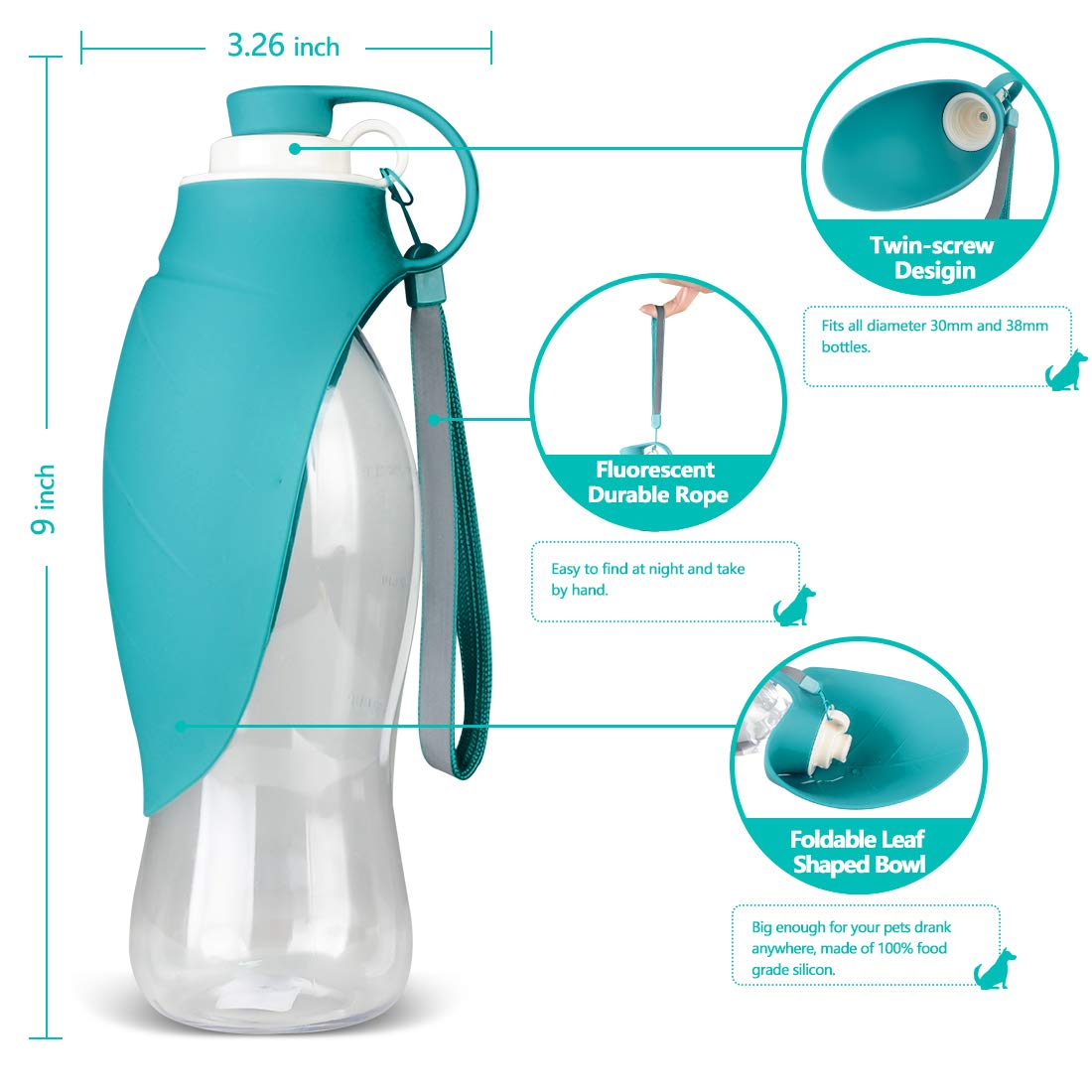Dog Water Bottle for Walking, TIOVERY Pet Water Dispenser Feeder Container Portable with Drinking Cup Bowl Outdoor Hiking, Travel for Puppy, Cats, Hamsters, Rabbits and Other Small Animals 20 OZ