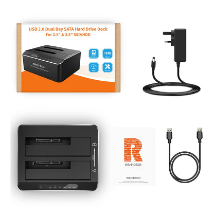 Hard Drive Docking Station, RSHTECH Aluminum Dual Bay SATA Hard Drive Dock for 2.5/3.5 Inch SATA I/II/III HDD SSD Support 2x 16TB Hard Drives,Offline Clone and UASP,Tool-free (RSH-DS01)