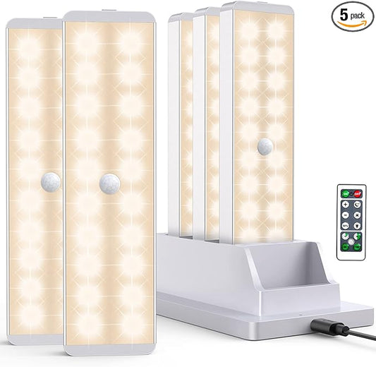 LED Closet Light with Charging Station, 5 Pcs Dimmer Rechargeable Motion Sensor Under Cabinet Lighting, Stick-Anywhere Night Safe Light Bar for Wardrobe,Kitchen-Warm