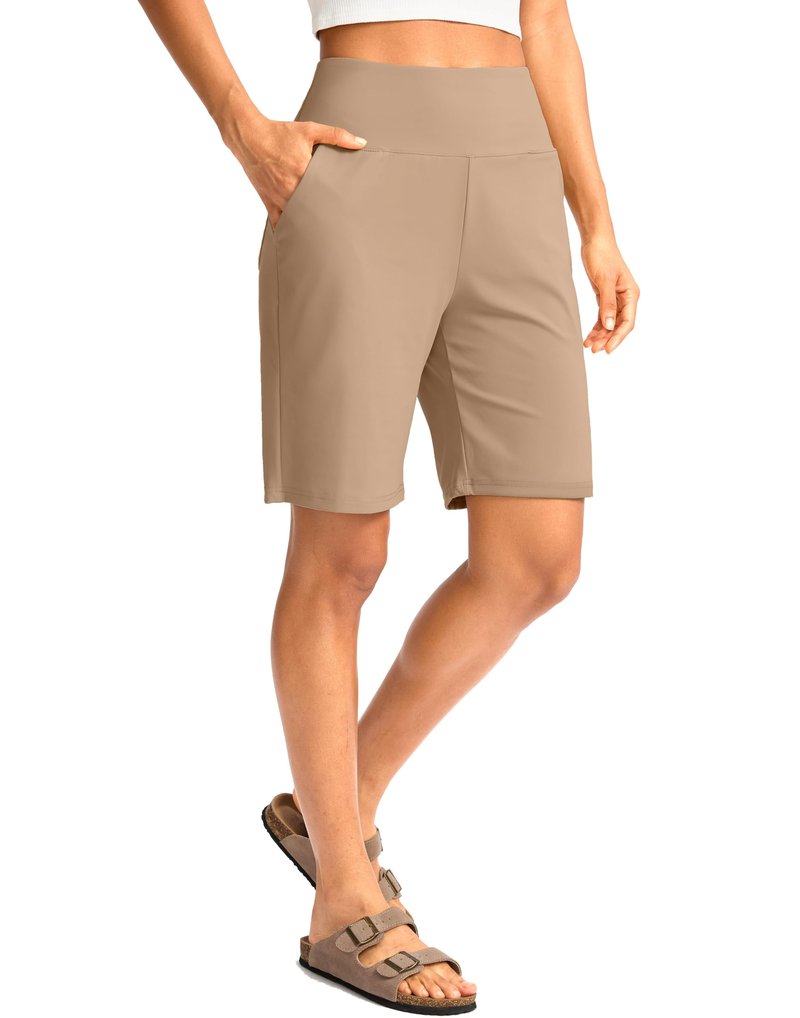 G Gradual Women's Bermuda Long Shorts with Pockets 9" High Waisted Knee Length Shorts for Women Walking Athletic Workout(Khaki,3XL)
