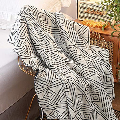 Black and White Throw Blankets Queen Size, Knitted Modern Patterned Throw Blanket, Soft Lightweight Woven Throw Blanket for Sofa Couch Bed and Living Room, Black&White (60x80 Inch)
