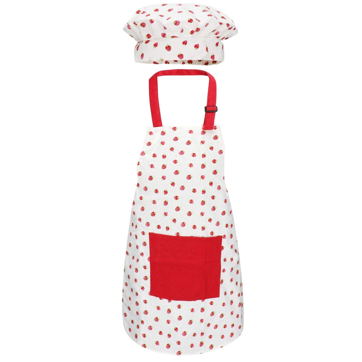 Jennice House Kids Apron Set with Chef Hat, Cute Child Baking Aprons with Adjustable Neck Strap and Pockets for Girls Boys Cooking Baking Painting Gardening in 2 Sizes (Red Strawberry, Large)
